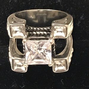 Men's Square Cut Cubic Zirconia SS Ring, Sz 9